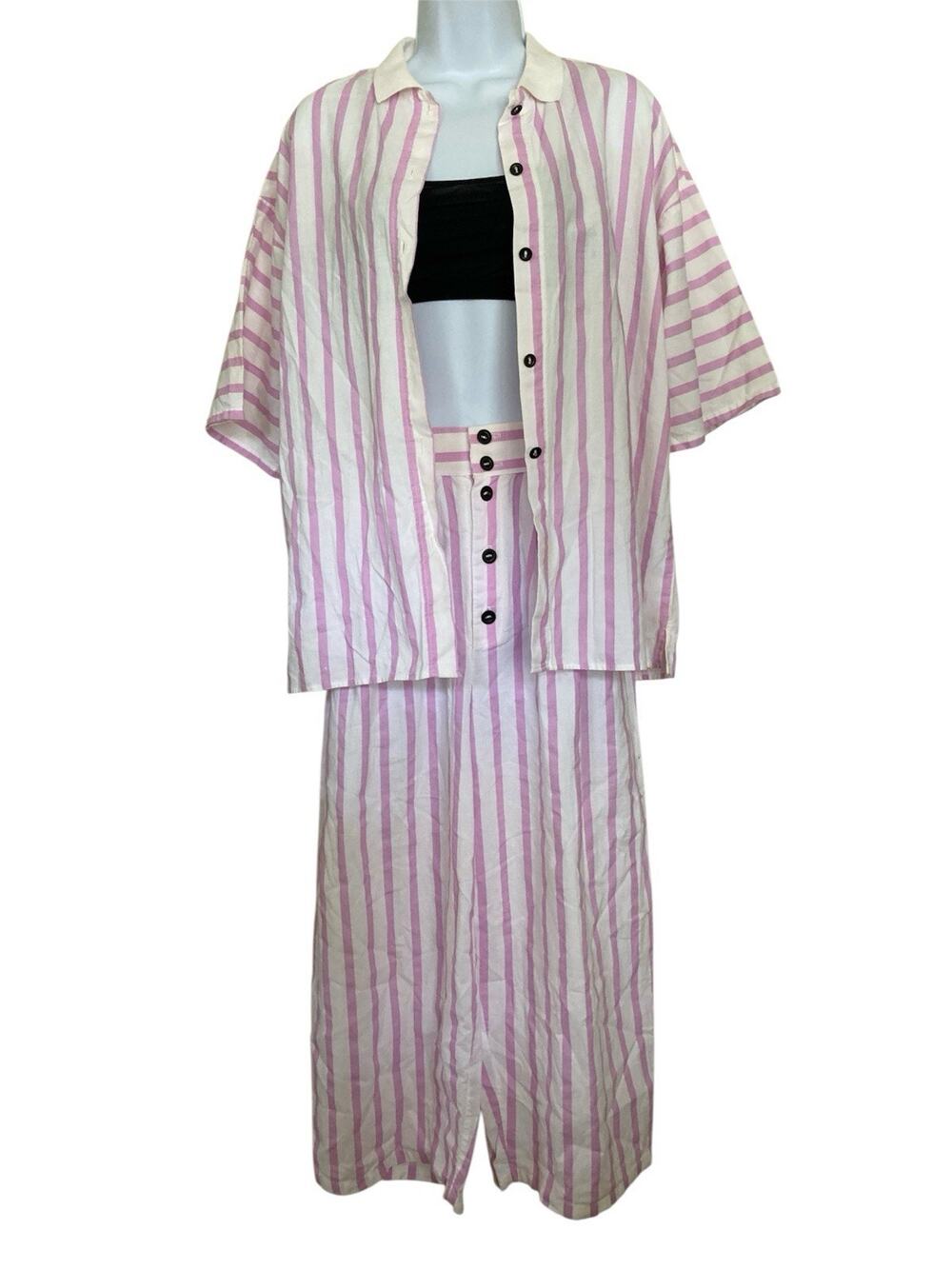 Vintage 80s You Babes Boho Beach Summer Stripe 2 Piece Set Cotton Capris Size S